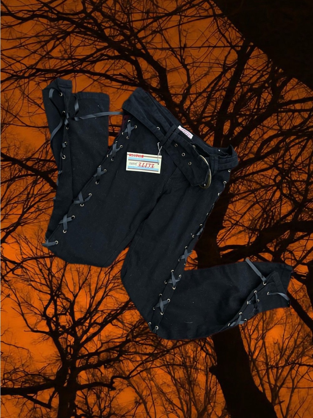 Black Women's Lace-Up Side Jeans with Belt